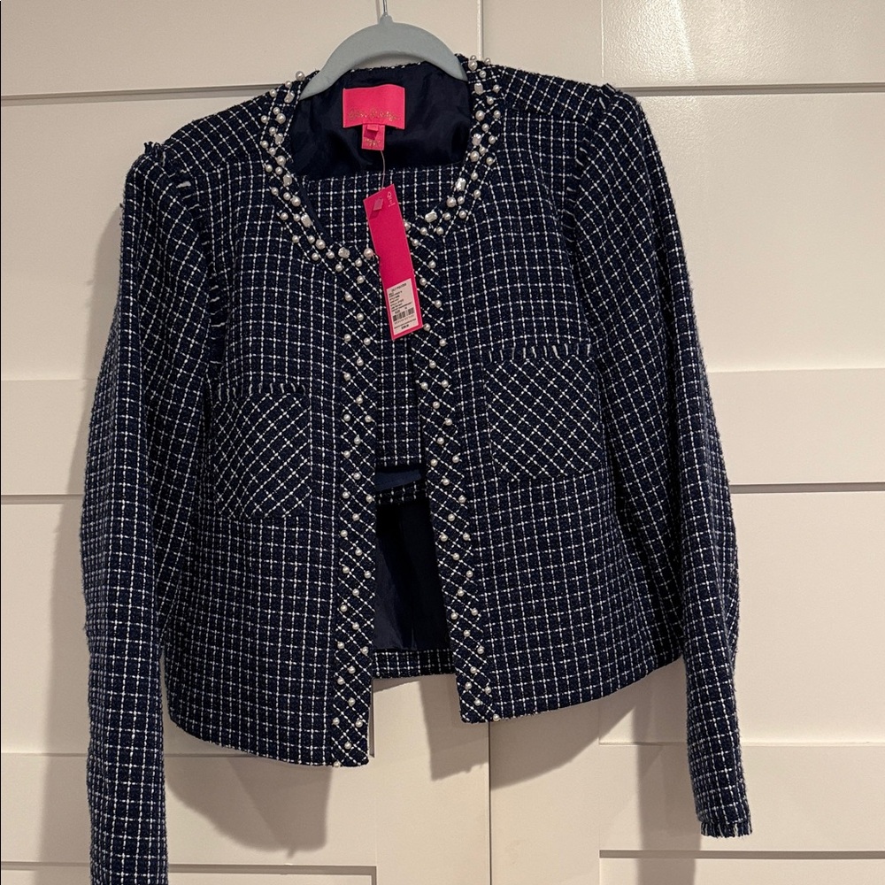 Lilly Pulitzer Navy Tweed Blazer with White Pearl Trim NWT Size 14